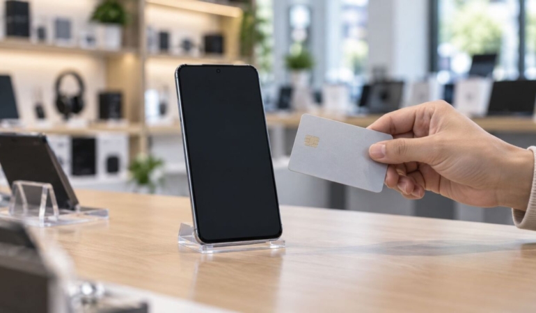 Telefon ve kredi kartı mağaza tezgâhında